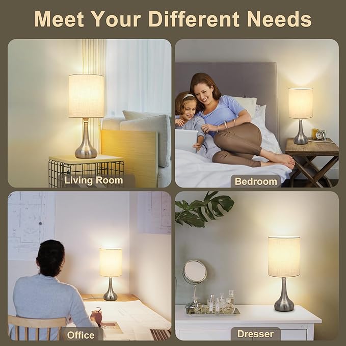 Boncoo Touch Control Table Lamp, 3 Way Dimmable Simple Night Light Lamp with White Lampshade Silver Metal Base, Small Bedside Table Lamp for Bedroom, Office, Dorm, A19 9W 3000K Bulb Included
