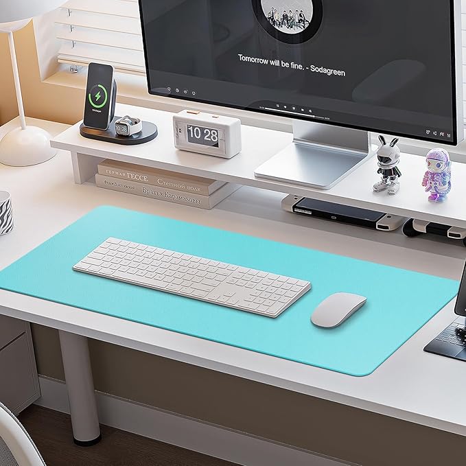 Boutilon Leather Desk Pad Protector,Non-Slip Mouse Pad,Laptop Desk Pad,Office Mouse Mat,Waterproof Leather Desk Blotter,Desk Writing Pad for Office and Home (L-Bright Blue,35"x 17")