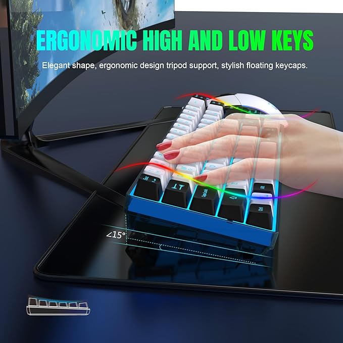 Snpurdiri 60% Wireless Gaming Keyboard and Mouse Combo,Ice Blue Backlit Rechargeable 2000mAh Battery,Mini Mechanical Feel Anti-ghosting Keyboard + Popular RGB Mice for Gaming, Office(White-Black)