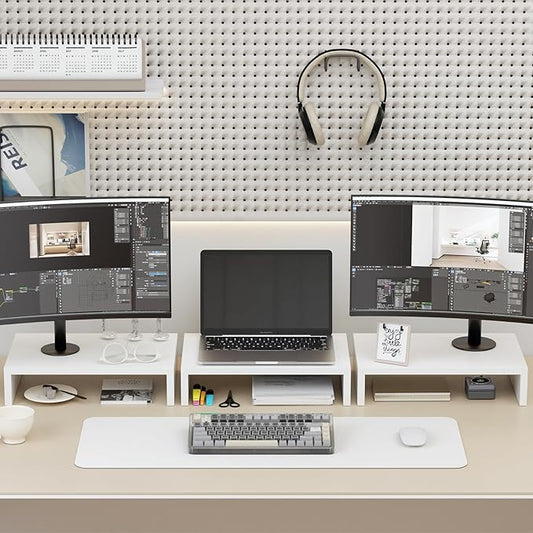 TEAMIX Monitor Stand Riser-3 Packs,Wood 3 Tiers Adjustable Monitor Stand Dual Monitor Riser for 2 Monitors/Laptop/PC Computer Stand for Desk (White, 3 PCS)