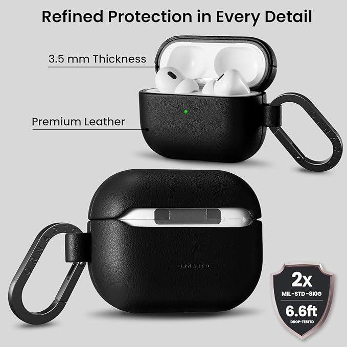 ORNARTO Compatible with AirPods Pro 2 Case, Full Protective Leather Cover with Carabiner, for Airpods Pro Case 2nd / 1st Generation (2022/2019), Front LED Visible,Midnight Black