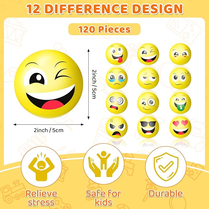 Libima 120 Pcs Face Stress Balls Bulk 2 Inch Foam Face Squeeze Balls Mini Yellow Funny Stress Relief Ball for Kids Adults Coworkers Relief Squeeze Finger Exercise School