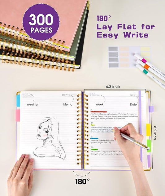 Hardcover Spiral Notebook journal with Removable Dividers Tabs, 300 Pages Leather 5 Subject Notebook College Ruled, 100GMS A5 Notebooks for Work School Note taking,Lined Journal for Women,A5 Purple