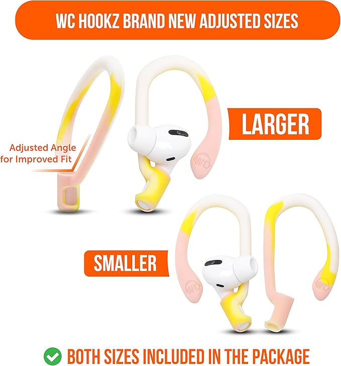 WC HookZ - Patented Upgraded Over Ear Hooks for AirPods Pro 1, 2 & AirPods 1, 2 & 3- Two Size Pairs Included in Package, Unique Left & Right Hook, Made by Wicked Cushions | Yellow Starburst