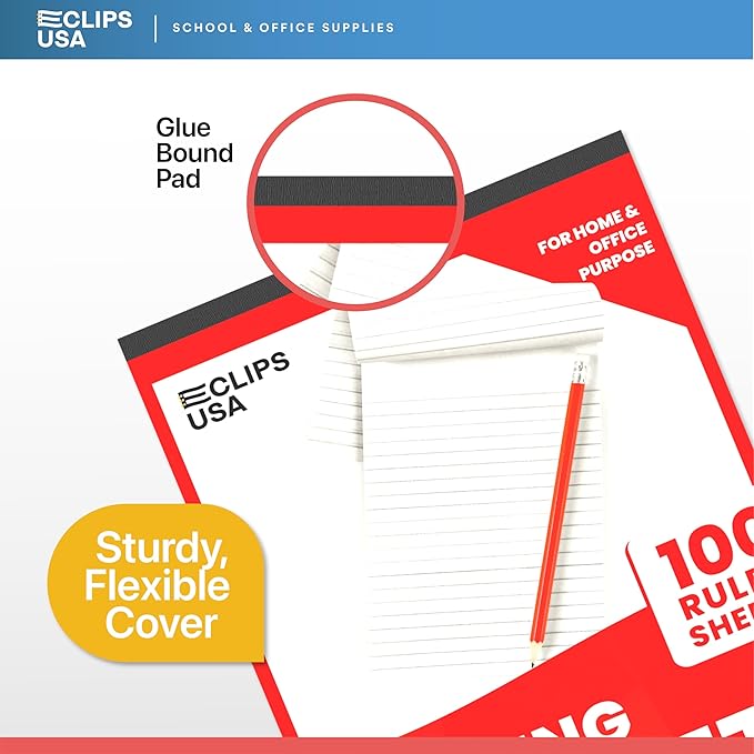 E-CLIPS USA Notepads, Ruled Writing Tablet, Note Pads 6 x 9, Small Notepads, Memo Pad, White, Chipboard Back, Writing Pad, Office Supplies, 100 Sheets Per Pad (6 Pack)