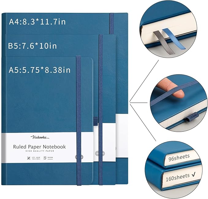 HIUKOOKA College Ruled Journal Notebook,320 Pages A5 Hardcover Large Journal,Thick Paper,Leather Journal for Writing Office School Business,5.75''x8.38''-Navyblue