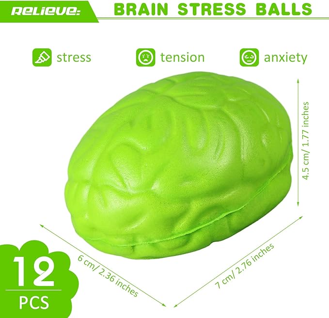 Leitee 12 Pcs Brain Stress Balls Bulk Large Halloween Brain Toys PU Hand Muscle Exercise Pressure Ball Funny Stress Relief Toy for Teens Adult Improving Grip Strength Prop(Green)