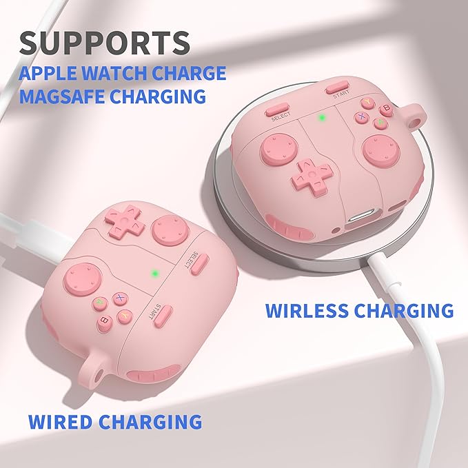 DamonLight Game Case for AirPods 4 Cover Shock-Proof Protective Silicone Case with Cleaning Pen and Keychain Accessories for Apple Airpods 4th Generation (Pink)