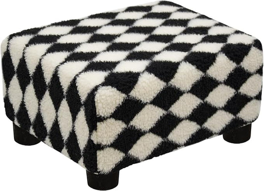 CAROLMADE Small Foot Stool Ottoman Sherpa Footstool with Legs Under Desk Footrest for Living Room Bedroom and Office, Soft Black+White
