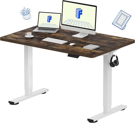 FLEXISPOT EN1 One Piece Standing Desk, 48" x 30" Electric Height Adjustable Sit Stand Desk for Home Office (White Frame + 48" Rustic Top, 2 Packages)