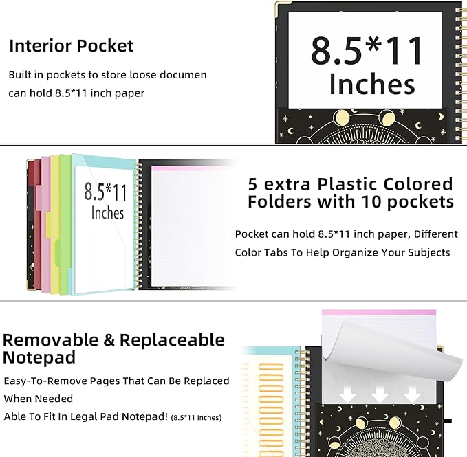 Ospelelf Clipboard with Storage 8.5 X 11，Padfolio Organizer, Spiral Portfolio Letter Size with Notepad, Pen Holder, 5 Extra Folder Divider Pages, Elastic Closure Nurse Office Essentials (Moon)