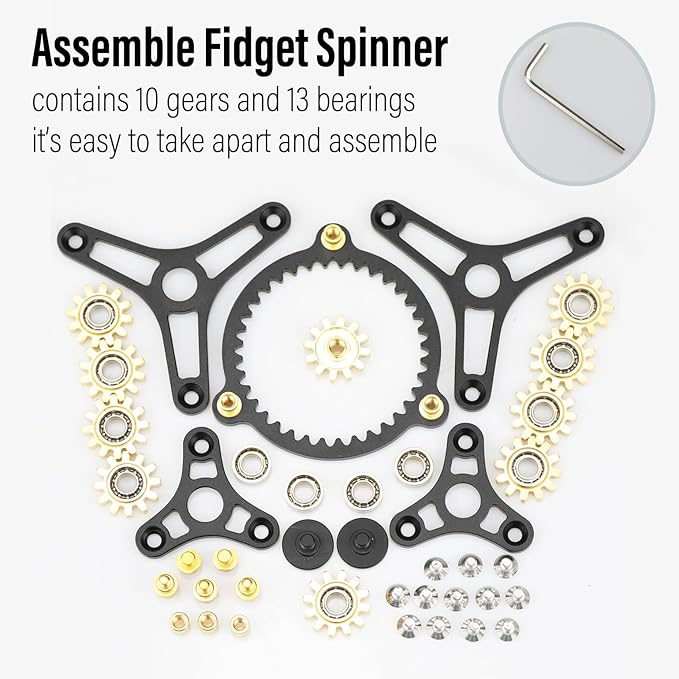 FREELOVE Gear Metal Fidget Spinner Toys for Adults, Small Mini Tiny Pockget Figette, Bike Chain, Copper Brass Hands Gyro, Quiet Silent Cool Cube for Anxiety Men (Wheel 10 Gears Linkage, Black-Brass)
