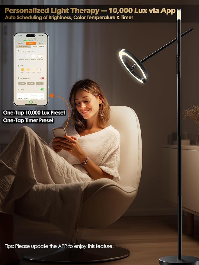 Smart Floor Lamp with APP, Therapy light floor lamp 10000 Lux,Sunlight lamp Stepless Dimmable 2700-6500K,LED UV-Free light therapy,Circadian Rhythm,Timer, Floor Lamp for Living Room Bedroom Office(H1)