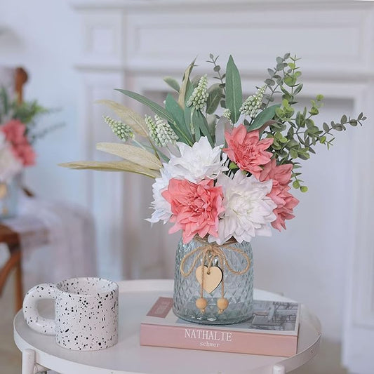 Faux Flowers with Vase,Artificial Silk Flowers in Vase, Fake Plant Eucalyptus and Willow,Flower Arrangement for Home Farmhouse Dining Table Centerpiece Decorations Coffee Table Decor (Dusty Pink)