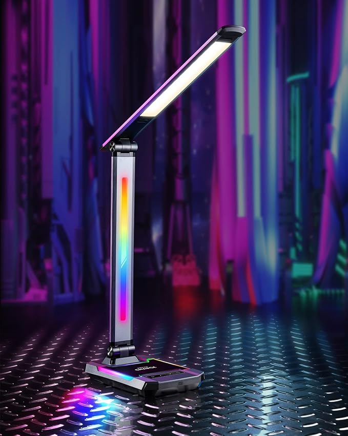 WILIT Gaming Desk Lamp,Music Sync Color Changing Rhythm Light with Wireless Charger and USB Charging Port, LED RGB Ambient Light, Aluminum Alloy Body Touch Table Lamp for PC, Room Decoration(Black)