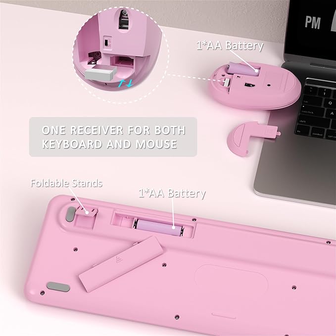 Colorful Wireless Keyboard and Mouse Combo, COVEVA 2.4GHz Wireless Retro Cute Round Keycaps Keyboard, 104 Keys Full-Sized Keyboard Mouse Set with Switch Button for PC Laptop Desktop (Pink Colorful)