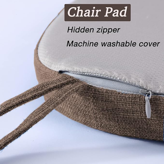 Chair Cushion with Ties for Dining Chairs - Memory Foam Non Slip Kitchen Chair Pad and Dining Seat Cushion with Machine Washable Cover Set of 4 [16.5 x 16.2 Inches] - Brown