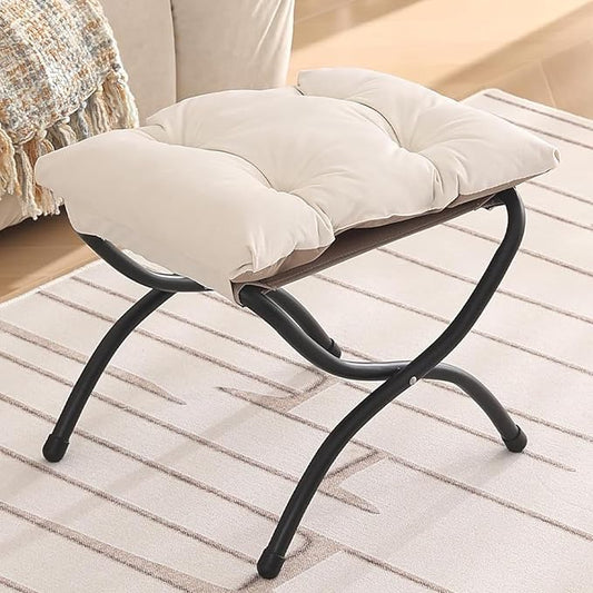 Welnow Folding Foot Stool, Upholstered Small Accent Ottoman with Detachable Thick Cotton Cushion Padded Sofa Stool and Metal Frame for Lazy Chair, Living Room, Bedroom, Beige