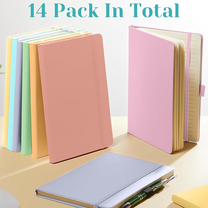 Laumoi 14 Pack Lined Journal Notebooks 5.5 x 8.2 Inch A5 Hardcover Notebook College Ruled Notepad with Pen Holder PU Leather Ruled Lined Journals for School Business Work Writing (Candy Color)