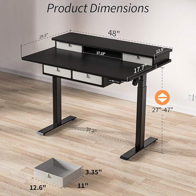 Standing Desk with Fast Charging USB Ports, 48" x 30" Height Adjustable Home Office & Gaming Desk, Sit Stand Desk with Built-in Storage Shelf, Hook & Ergonomic Design(Classic Black)