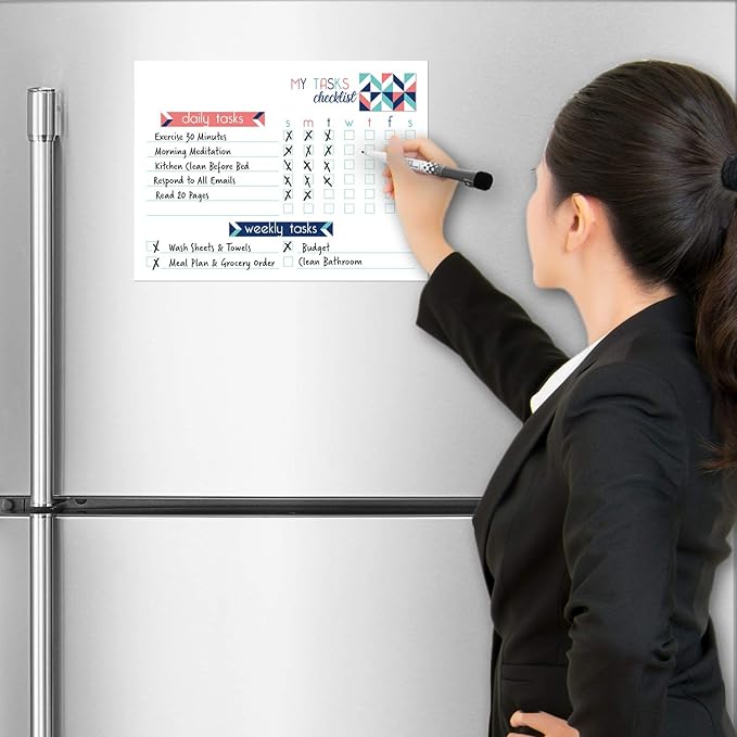 Dry Erase Whiteboard Task Planner | Removable and Restickable Adhesive Decal | Fine-Tip Magnetic Marker Included (9 x 12 inches, Geometric)