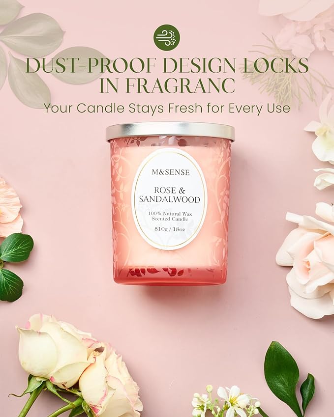 M&SENSE Rose Sandalwood Scented Candle, Wooden Wick Candle with Lid, 100 Hours Long Burning Natural Soy Wax 18oz, Stress Relief Meditation Air Purifying Home Fragrance,Housewarming Gifts for Her Him