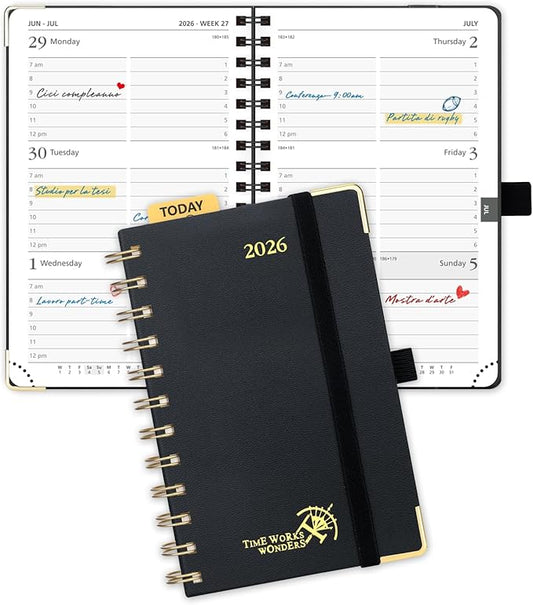 POPRUN 2026 Planner (Pocket Size 4''x 6.25'' Wire-Bond Hard Cover) Calendar Weekly and Monthly (Jan.2026-Dec.2026) Small Planner with Hourly Time Slots, for Purse, 100 GSM - Black