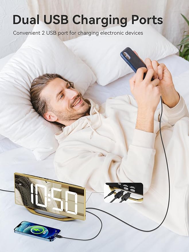 Digital Alarm Clock for Bedrooms, Slim LED Desk Clock with Gold Mirror Finish, 7 Levels Brightness, Dual USB Ports, Snooze, 12/24H, 8.7" Large Display Modern Bedside Clock for Home Office Decor