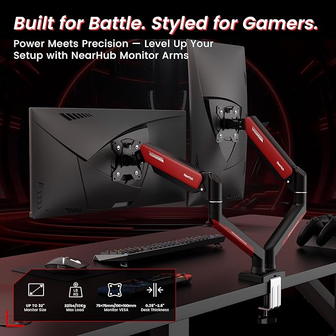 Dual Monitor Mount Gaming for Computer Screen 13-32" and up to 22 lbs,360° Rotation,+90° to -45° Tilt,180° Swivel,with C Clamp and Grommet Base,Integrated Cable Management,75x75/100x100 VESA,RED