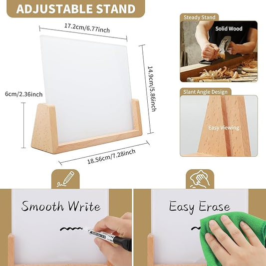 Desktop Glass Whiteboard with Wood Base, Small Whiteboard Glass Dry Erase Board Mini Whiteboard Portable Desk Whiteboard for Home, Office, 6.9x5.86 inch. Accessories Included