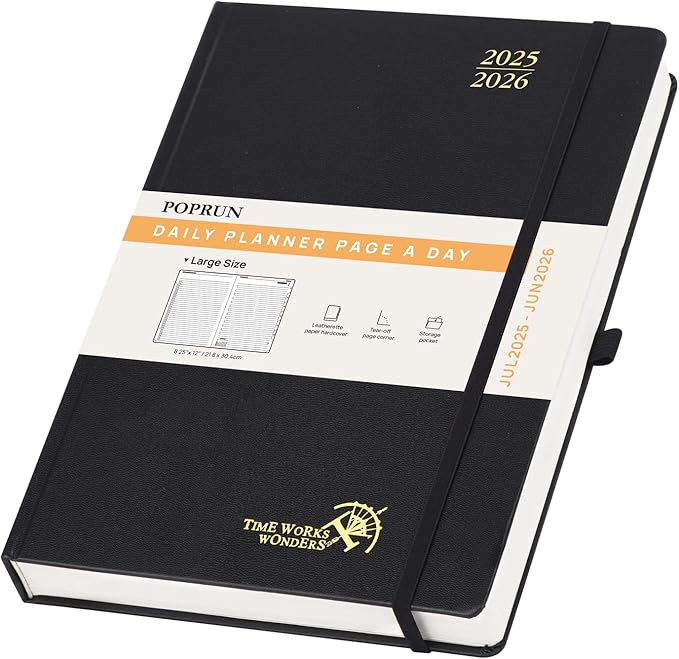 POPRUN 2025-2026 Daily Planner One Page Per Day (Large - 8.25'' x 12'') - Academic Calendar (July 2025 - June 2026), 2025 Day Appointment Book with Monthly Tabs, Hardcover - Black
