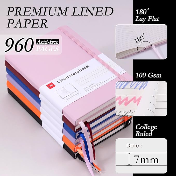 deli 6-Pack Lined Journal Notebook, 160 Pages Hardcover Writing Notebook, A5 (5.5"x8.2") College Ruled Notebook for Office, School, Work Notes