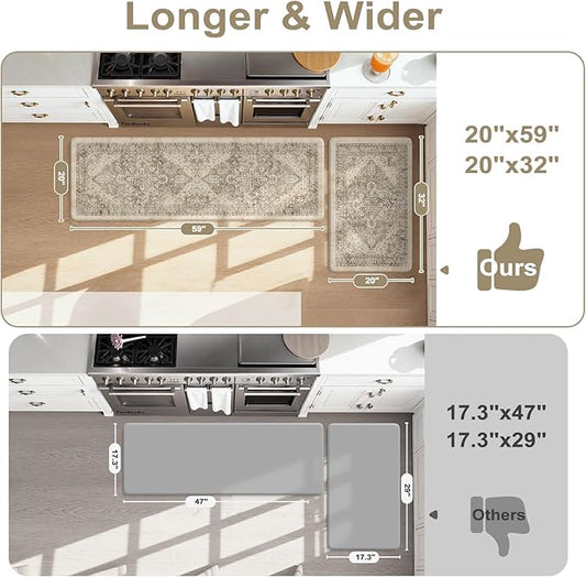 KIMODE Kitchen Mat for Floor Cushioned Anti Fatigue, Boho Vintage Kitchen Rugs Sets of 2, Non Slip Waterproof Kitchen Floor Mats, Comfort Standing Mats for Sink Laundry Desk Khaki 20"x59"+20"x32"
