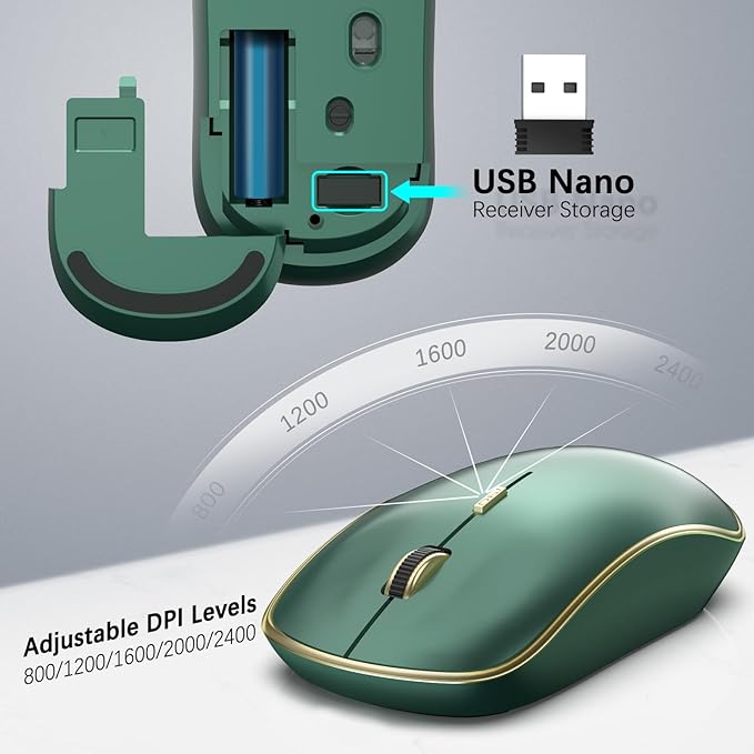 JOYACCESS Wireless Keyboard and Mouse Combo,2.4G Ergonomic Typewriter Keyboard with Type-C Receiver and Adjustable Tilt for Computer, Windows,Desktop, PC, Laptop-Cangling Green