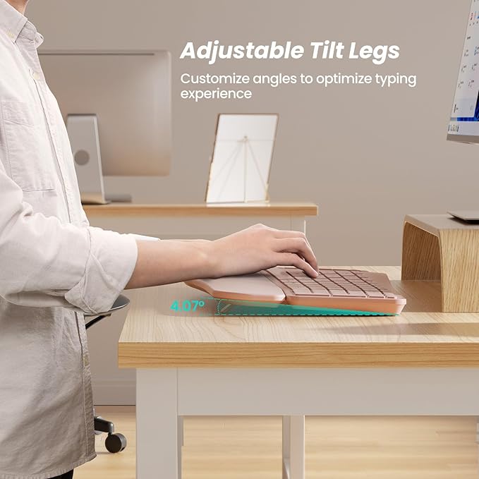 Nulea KM75 Wireless Keyboard and Mouse Combo, Comfortable Natural Typing, Palm Rest, Multi-Device (Bluetooth, 2.4G, Wired), Rechargeable, for Multi-OS, Windows, Mac, Android (Light Pink)