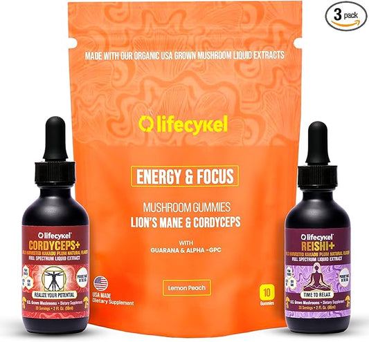 Life Cykel Cordyceps & Reishi Mushroom Extract Liquid Duo – Potent 1oz Tinctures with Included Energy & Focus Gummies (10-Count) for Enhanced Vitality, Immune Support & Mental Clarity