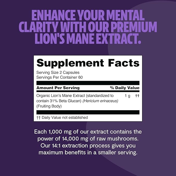 FreshCap Mushrooms Lions Mane Supplement Capsules 14,000mg - Lion's Mane, High Potency Extract, 14:1 Organic Mushroom Supplement, Ayurveda Focus Made in USA (120 Capsules)