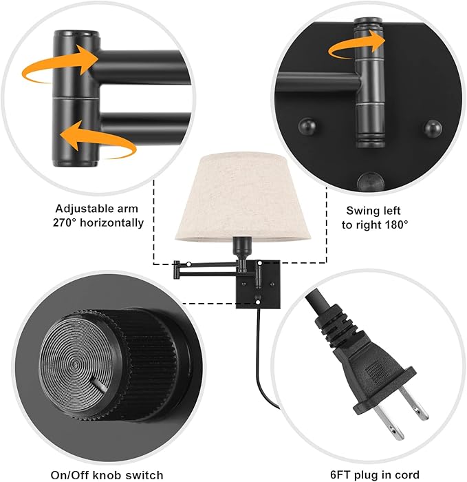 TRLIFE Wall Sconce Plug in, Remote Control Dimming 10-100% and Adjustable Color Temperature 2700K-6500K Swing Arm Wall Lights with Plug in Cord, 11.8" Large Beige Fabric Shade(2 Pack, 2 Bulbs)