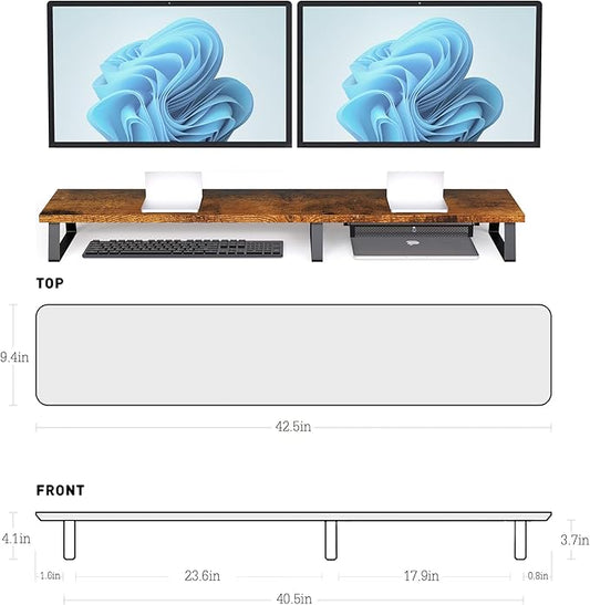 Vintage Wooden Dual Monitor Stand - 2 Monitor Riser with Metal Legs & Drawer, Office Desk Organizer