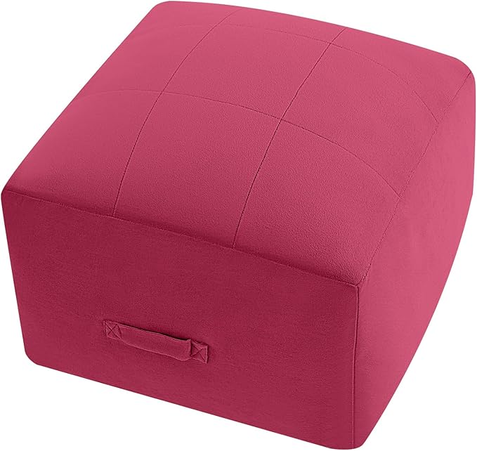 MeMoreCool Square Stuffed Pouf Ottoman Foot Rest, Floor Pouf Foot Stool with Foam Chunk Filling, Soft Stuffed Ottoman Footrest for Living Room, Magenta