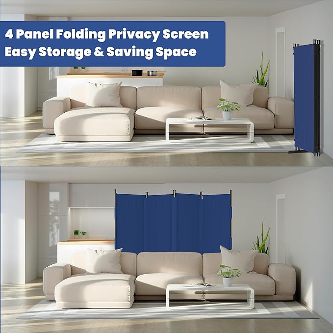 Room Divider, 4 Panel Upgraded Folding Privacy Screen, 88” Highly Secretive Separation with 3 Metal Feet, Partition Screen, Lightweight Freestanding Wall Divider Bedroom (Blue)