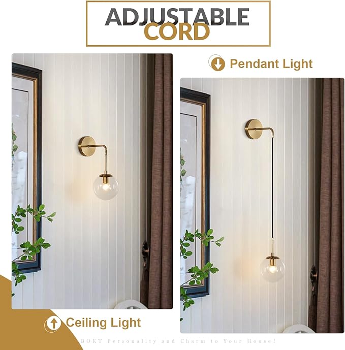 BOKT Mid Century Modern Globe Wall Sconce Lighting Brushed Brass Gold Bathroom Wall Lights Clear Bubble Glass Ball Wall Light Fixture Lamp Bedroom Bedside Wall Light (Gold+Clear)