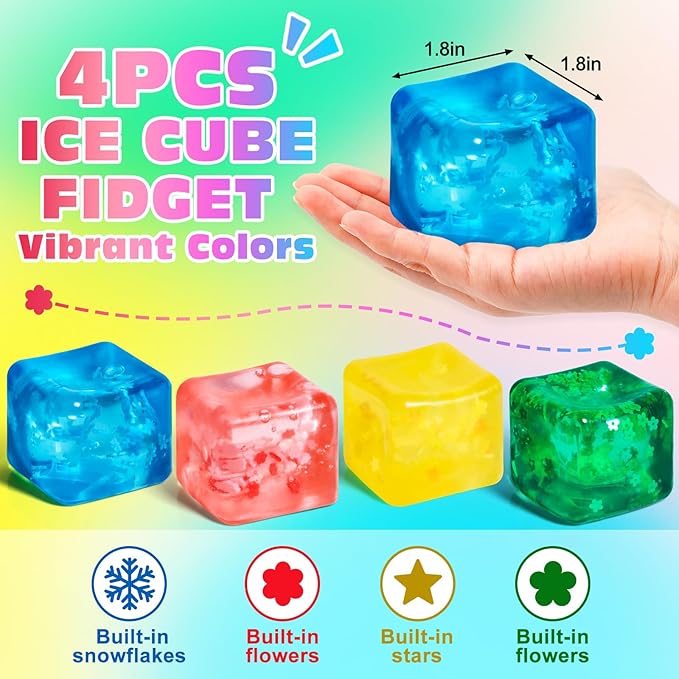 4 Pack Fidget Toy Stress Cube, Slow Rise Stress Balls Ice Cube,Mellow and Chill,Square Squishy Balls for Anxiety Relief,Nice Cube Squishy,Prize Box Toys for Kids Classroom Birthday Gifts Party Favors