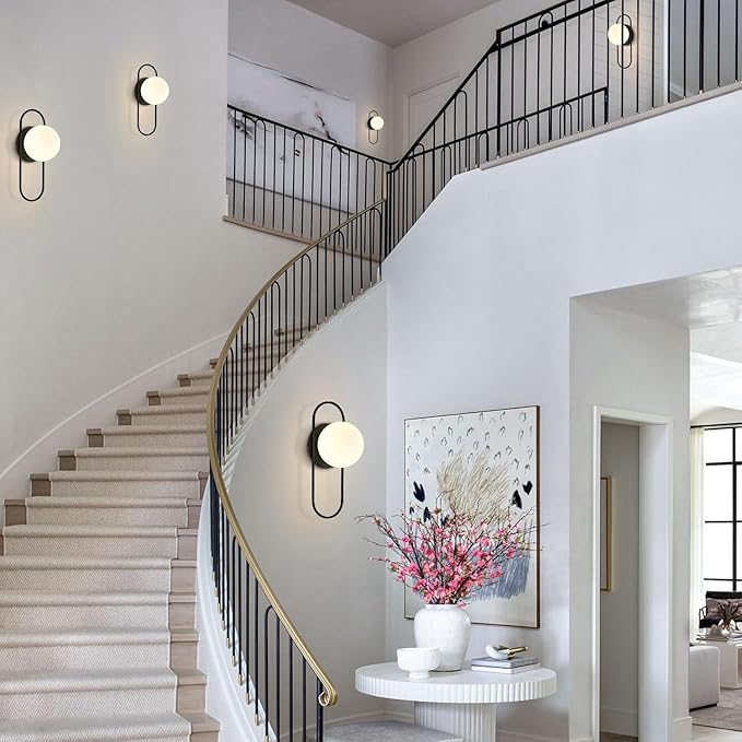 Mid Century Modern Round Wall Sconce 1-Lights Black Globe Wall Sconce Lighting Minimalist Vanity White Glass Bathroom Wall Lamp Farmhouse Bedroom Bar Wall Light