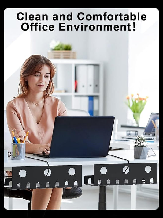 Delamu 2 Pack Metal Under Desk Cable Management Tray, U-Channel Cord Organizer Box, Office Under Desk Cord Organizers, Cable Management with Various Accessories, Black, 15.75 Inches