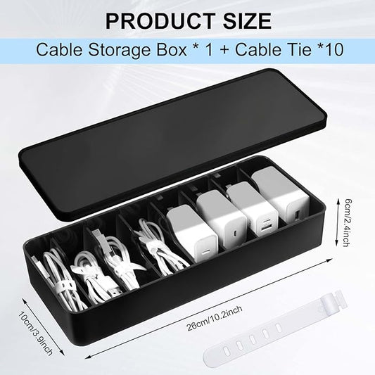 Tatuo 1 Pcs Cable Organizer Box with Wire Ties, Plastic Cord Storage Box with Lid, Electronics Organizer for Home Office Desk Organizers and Accessories (10.79'' X 3.78'' X 1.97'',Black)