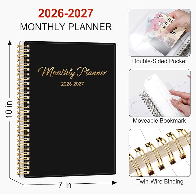GNL Monthly Planner 2026-2027, 2 Year(27 Months) Calendar Planner, Oct. 2025 - Dec 2027, 7" x 10" Monthly Spreads & Yearly Planner, Perfect for School Office Home Planning, Black