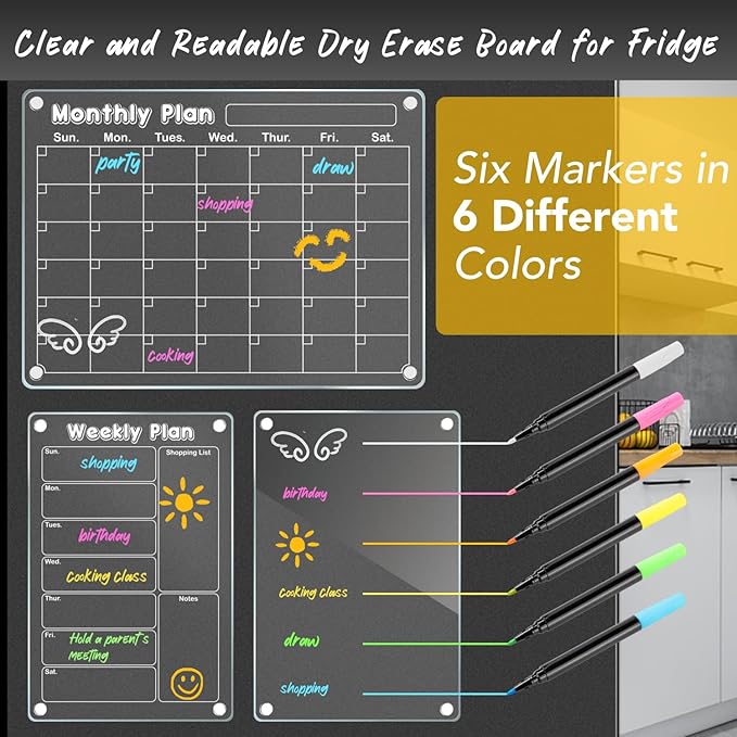 DIYMAG Planning Pads 3Pack Acrylic Magnetic Dry Erase Calendar for Fridge,15"x11" Set 2025 Magnetics Weekly Monthly Memo Planner Board for Refrigerator with 6 Colors Markers