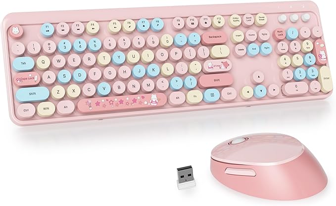 GTSP Typewriter Pink Keyboard and Mouse Wireless, Full-Size Colorful Cute Office Keyboard 2.4GHz with Number Pad for Desktop Laptop and PC (Colorful Pink)