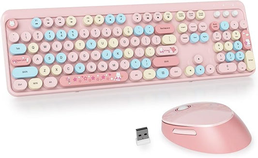 GTSP Typewriter Pink Keyboard and Mouse Wireless, Full-Size Colorful Cute Office Keyboard 2.4GHz with Number Pad for Desktop Laptop and PC (Colorful Pink)